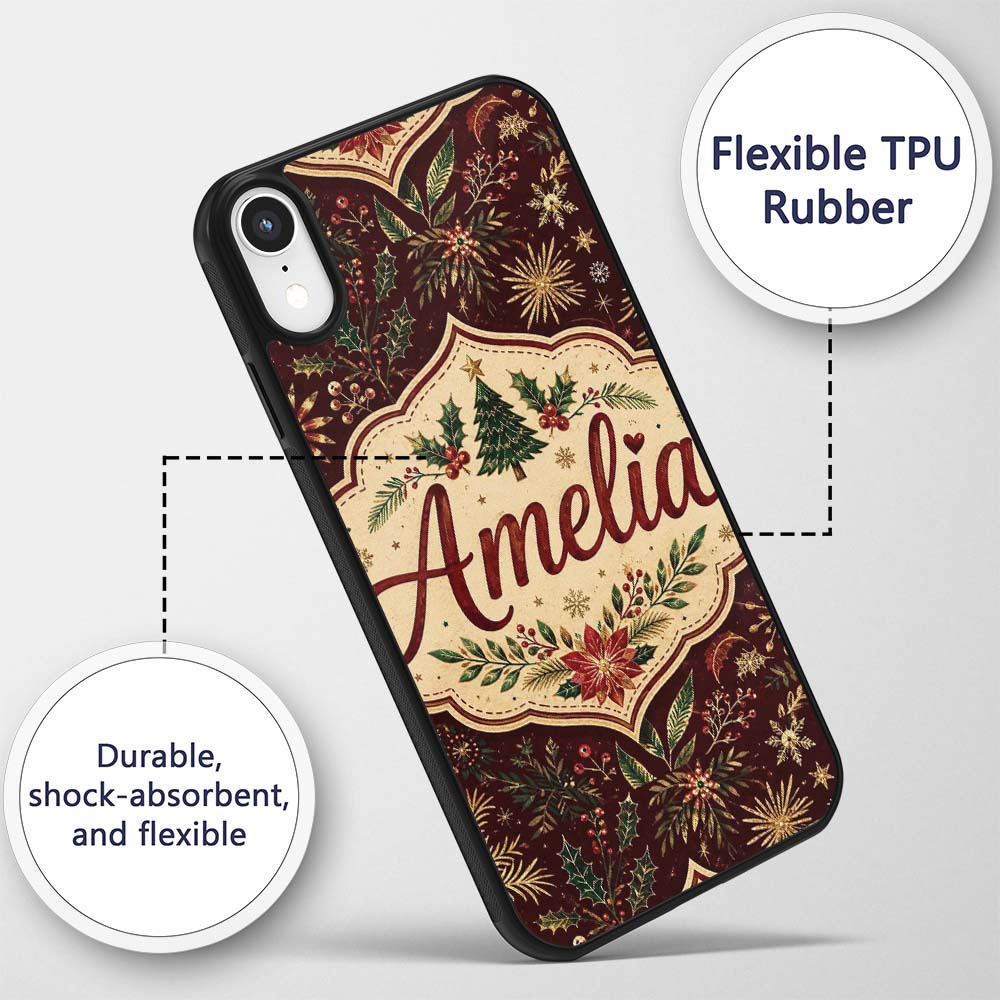 Elegant Christmas Botanical Leaves Pine Branches Custom Name Protective Phone Case Mobile Cover Durable Everyday Smartphone Shock Resistant