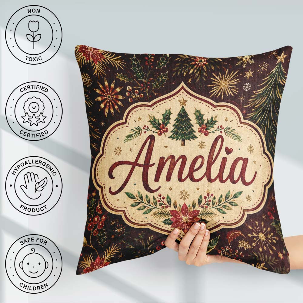 Custom Name Elegant Christmas Botanical Leaves Pine Branches and Square Filled Cushion Throw Pillow Sofa Bed Home Decor Zip Washable UK Made