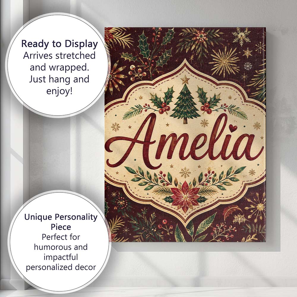 Personalised Name Elegant Christmas Botanical Custom Unique Gift Idea Modern Room Accent Canvas Wall Art Print Decor Picture Ready to Hang