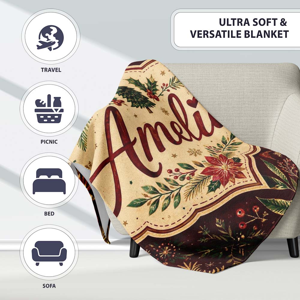 Elegant Christmas Botanical Leaves Pine Branches and Festive Holiday  Personalised Custom Name Super Soft Fleece Blanket Bed Sofa Throw