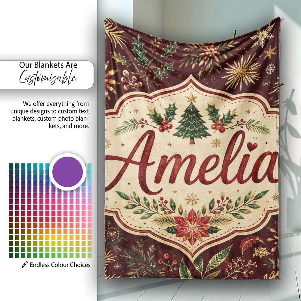 Elegant Christmas Botanical Leaves Pine Branches and Festive Holiday  Personalised Custom Name Super Soft Fleece Blanket Bed Sofa Throw