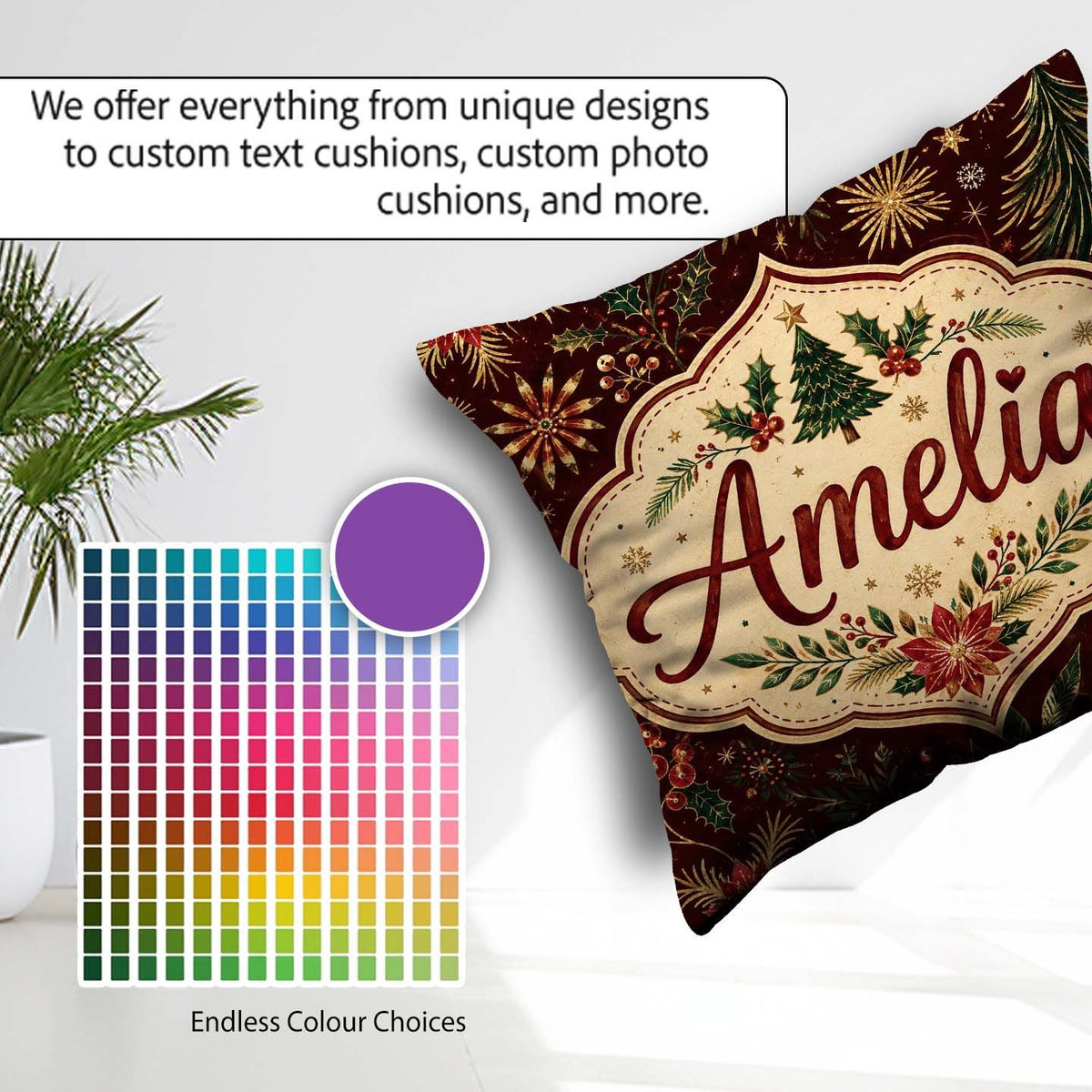 Custom Name Elegant Christmas Botanical Leaves Pine Branches and Square Filled Cushion Throw Pillow Sofa Bed Home Decor Zip Washable UK Made