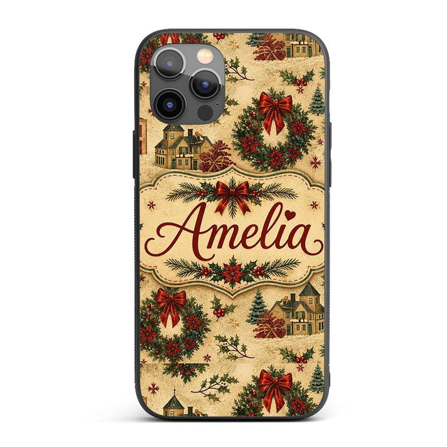 Vintage Christmas Wreaths Bows Houses and Festive Custom Name Protective Phone Case Mobile Cover Durable Everyday Smartphone Shock Resistant