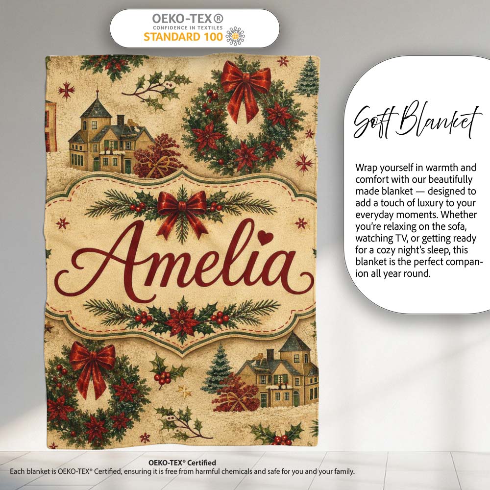 Vintage Christmas Wreaths Bows Houses and Festive Holiday Elements  Personalised Custom Name Super Soft Fleece Blanket Bed Sofa Throw