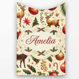 Elegant Christmas Reindeer Ornaments Stars Holly Leaves and Festive  Personalised Custom Name Super Soft Fleece Blanket Bed Sofa Throw