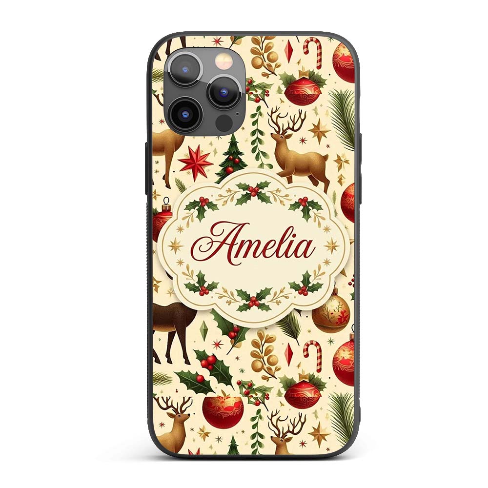 Elegant Christmas Reindeer Ornaments Stars Holly Custom Name Protective Phone Case Mobile Cover Durable Everyday Smartphone Shock Resistant