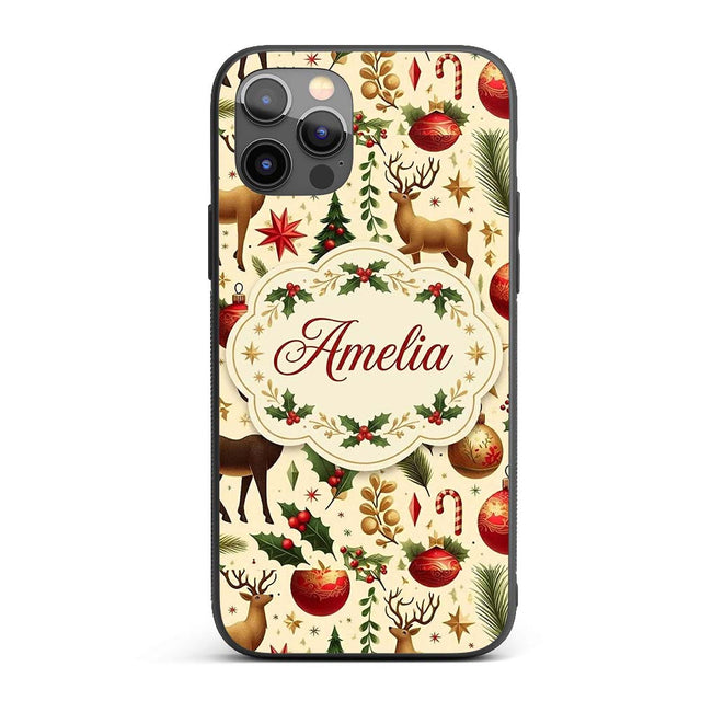 Elegant Christmas Reindeer Ornaments Stars Holly Custom Name Protective Phone Case Mobile Cover Durable Everyday Smartphone Shock Resistant