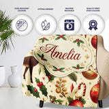 Elegant Christmas Reindeer Ornaments Stars Holly Leaves and Festive  Personalised Custom Name Super Soft Fleece Blanket Bed Sofa Throw