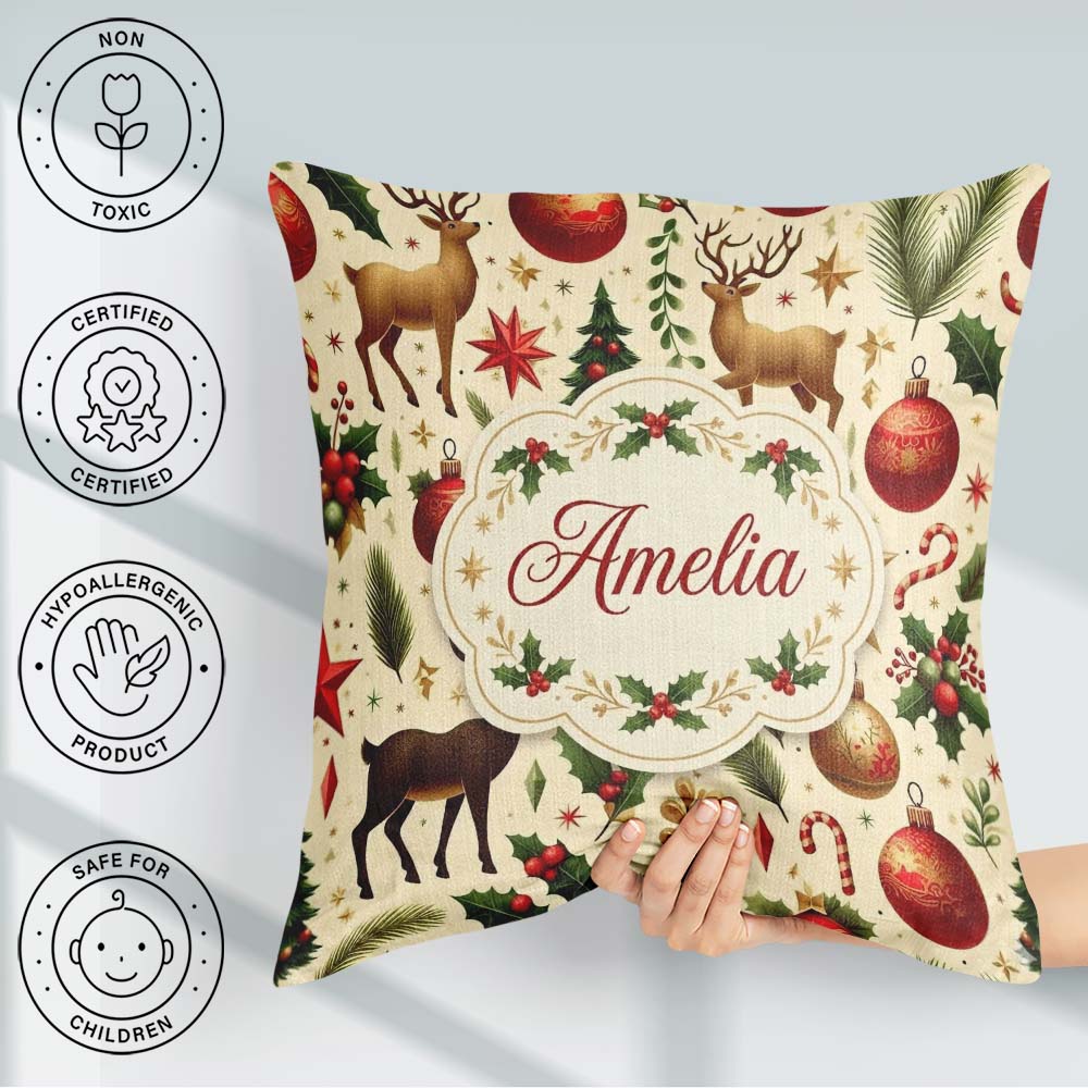Custom Name Elegant Christmas Reindeer Ornaments Stars Holly and Square Filled Cushion Throw Pillow Sofa Bed Home Decor Zip Washable UK Made