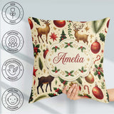 Custom Name Elegant Christmas Reindeer Ornaments Stars Holly and Square Filled Cushion Throw Pillow Sofa Bed Home Decor Zip Washable UK Made