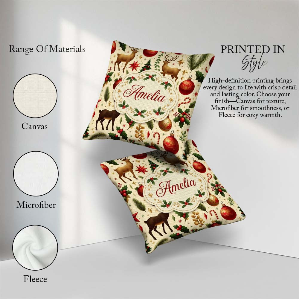 Custom Name Elegant Christmas Reindeer Ornaments Stars Holly and Square Filled Cushion Throw Pillow Sofa Bed Home Decor Zip Washable UK Made