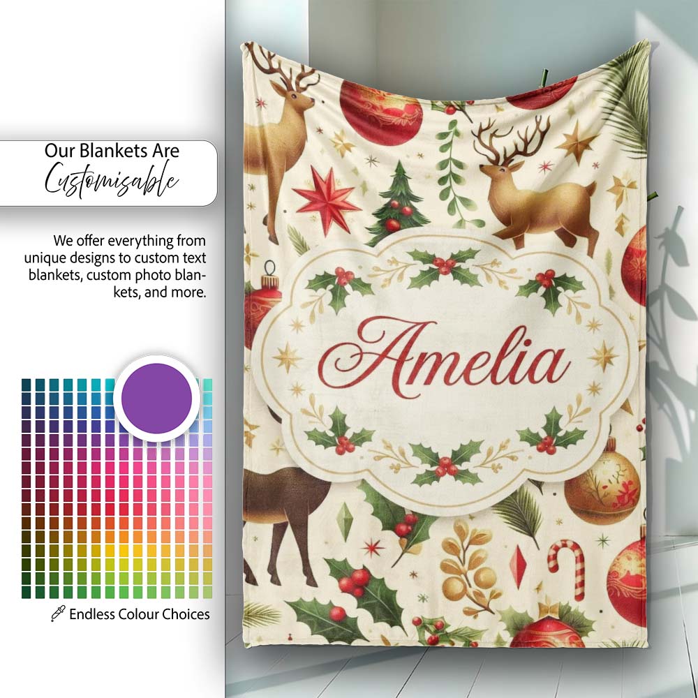 Elegant Christmas Reindeer Ornaments Stars Holly Leaves and Festive  Personalised Custom Name Super Soft Fleece Blanket Bed Sofa Throw