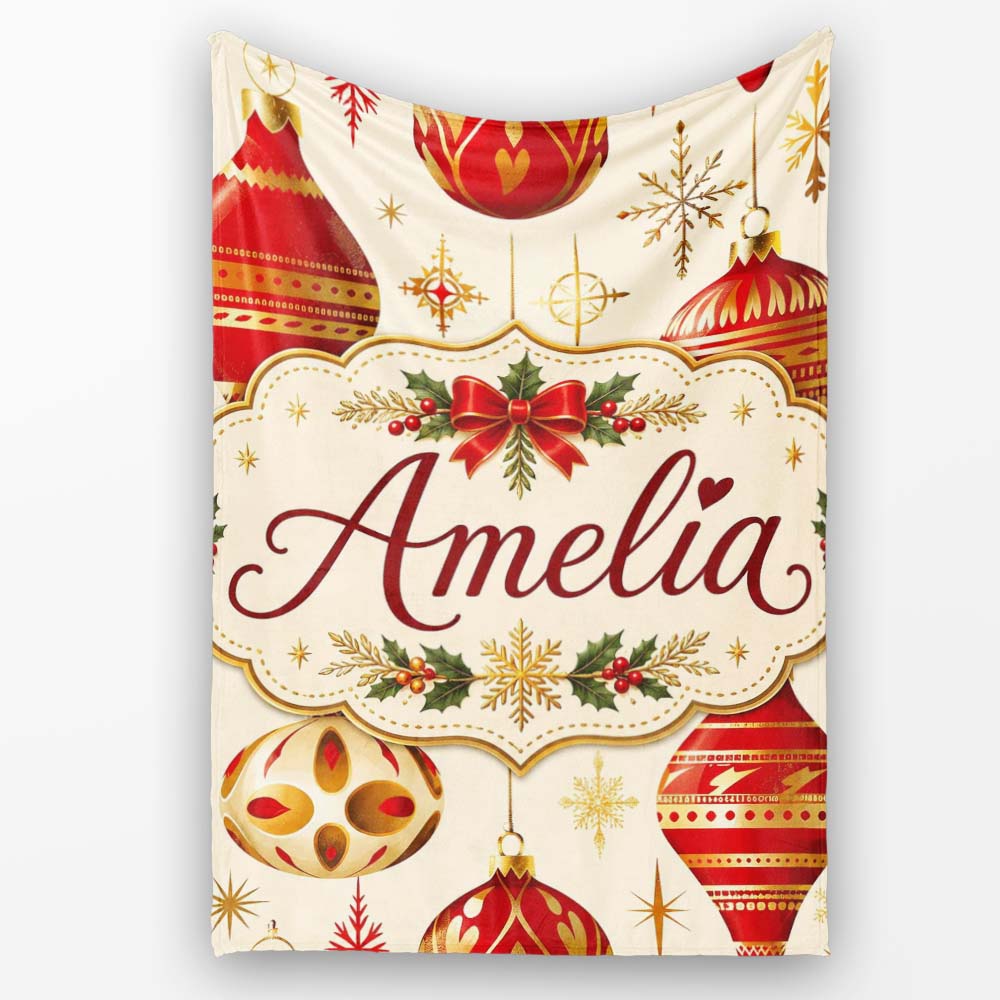 Luxury Red and Gold Christmas Baubles Snowflakes and Star Elements  Personalised Custom Name Super Soft Fleece Blanket Bed Sofa Throw