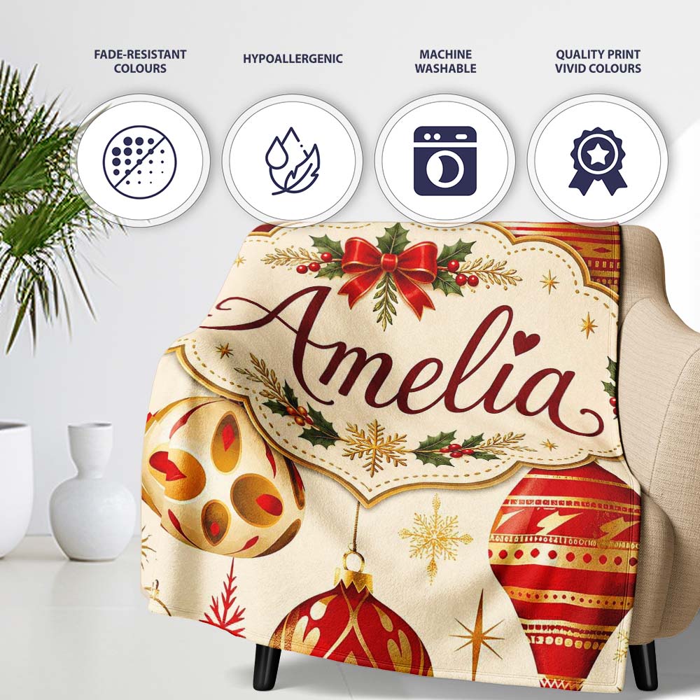Luxury Red and Gold Christmas Baubles Snowflakes and Star Elements  Personalised Custom Name Super Soft Fleece Blanket Bed Sofa Throw