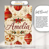 Luxury Red and Gold Christmas Baubles Snowflakes and Star Elements  Personalised Custom Name Super Soft Fleece Blanket Bed Sofa Throw