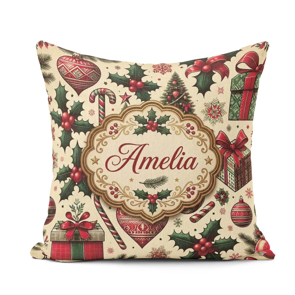 Custom Name Christmas Trees Candy Canes Gifts and Holly Elements Square Filled Cushion Throw Pillow Sofa Bed Home Decor Zip Washable UK Made