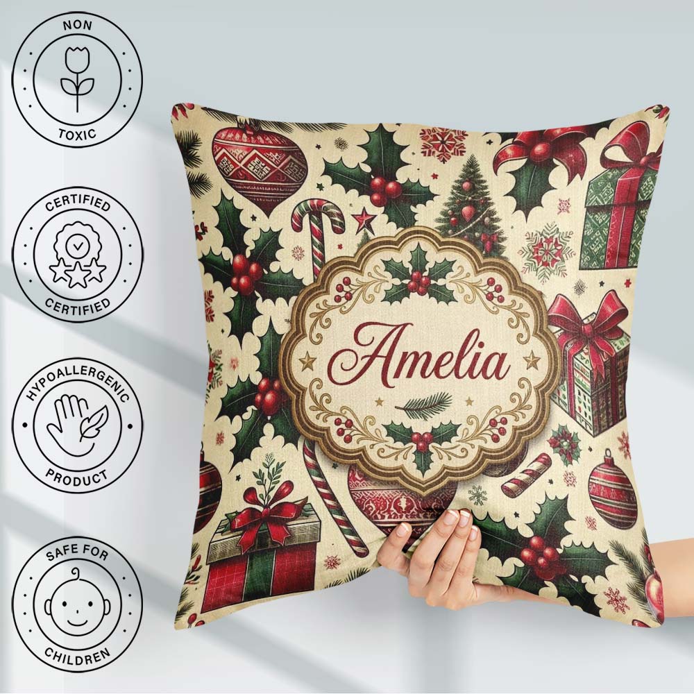 Custom Name Christmas Trees Candy Canes Gifts and Holly Elements Square Filled Cushion Throw Pillow Sofa Bed Home Decor Zip Washable UK Made