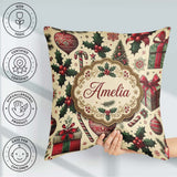Custom Name Christmas Trees Candy Canes Gifts and Holly Elements Square Filled Cushion Throw Pillow Sofa Bed Home Decor Zip Washable UK Made