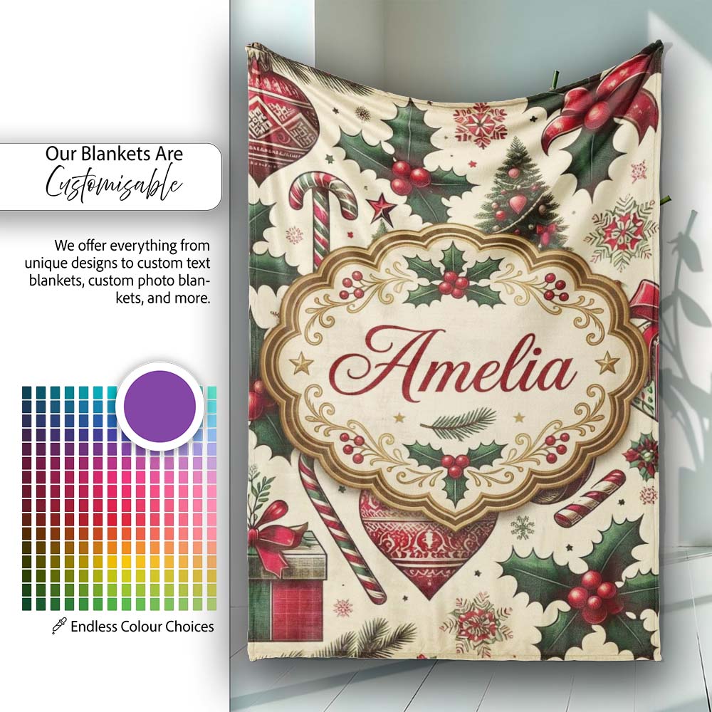 Classic Christmas Trees Candy Canes Gifts and Holly Berry Elements  Personalised Custom Name Super Soft Fleece Blanket Bed Sofa Throw
