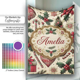 Classic Christmas Trees Candy Canes Gifts and Holly Berry Elements  Personalised Custom Name Super Soft Fleece Blanket Bed Sofa Throw
