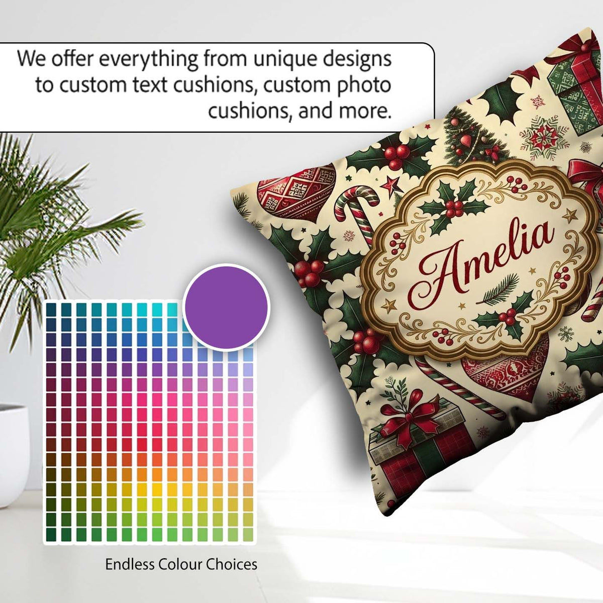 Custom Name Christmas Trees Candy Canes Gifts and Holly Elements Square Filled Cushion Throw Pillow Sofa Bed Home Decor Zip Washable UK Made