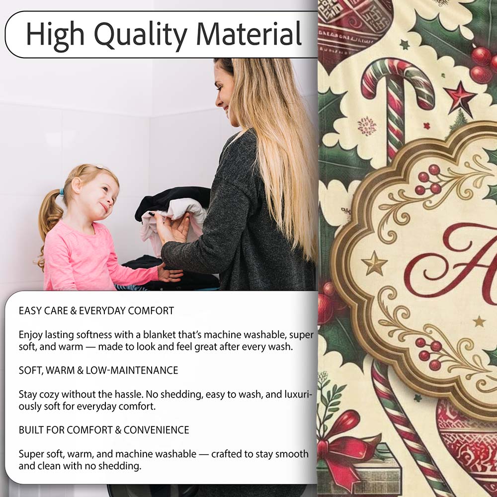 Classic Christmas Trees Candy Canes Gifts and Holly Berry Elements  Personalised Custom Name Super Soft Fleece Blanket Bed Sofa Throw