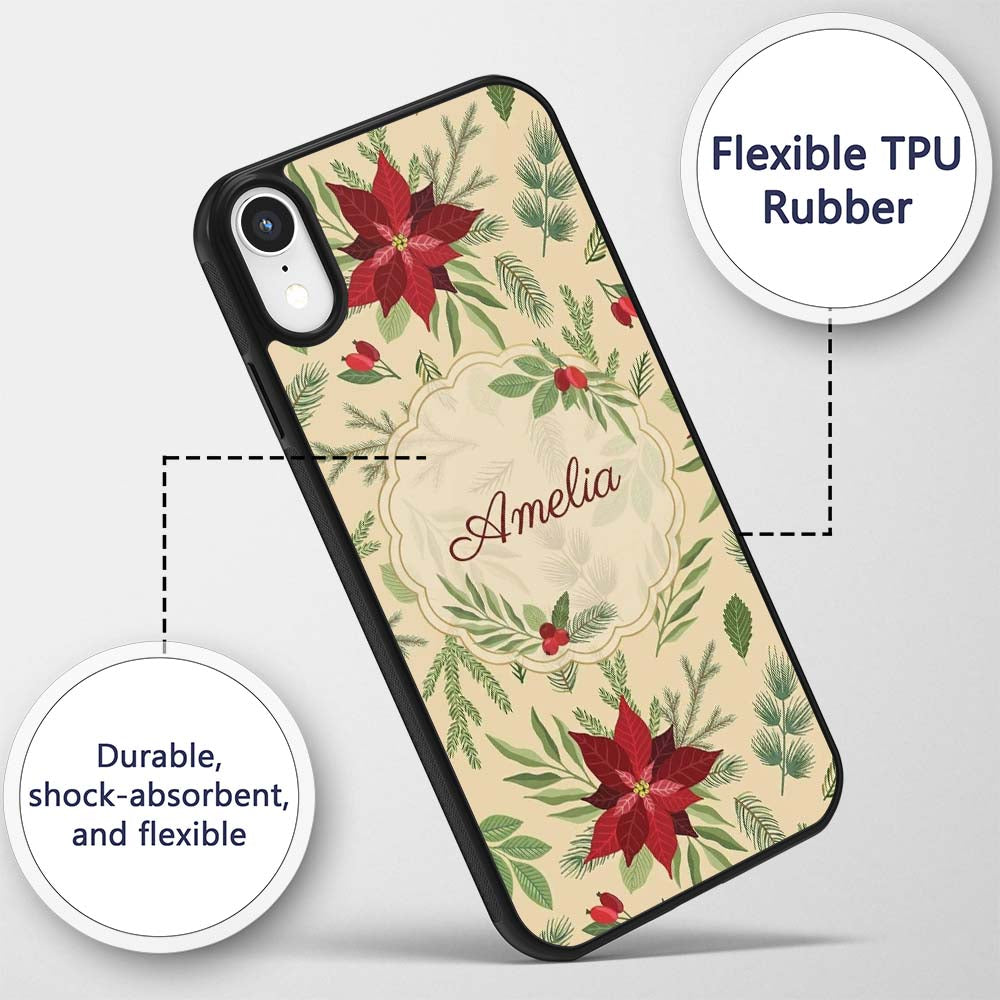 Elegant Botanical Pine Leaves Poinsettia Flowers Custom Name Protective Phone Case Mobile Cover Durable Everyday Smartphone Shock Resistant