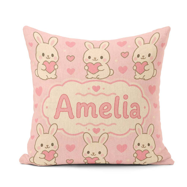 Custom Name Cute Bunny Heart Cartoon Animal Pattern Perfect for Square Filled Cushion Throw Pillow Sofa Bed Home Decor Zip Washable UK Made