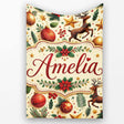 Festive Christmas Reindeer Baubles Stars and Holly Berry Elements  Personalised Custom Name Super Soft Fleece Blanket Bed Sofa Throw