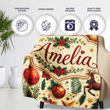 Festive Christmas Reindeer Baubles Stars and Holly Berry Elements  Personalised Custom Name Super Soft Fleece Blanket Bed Sofa Throw