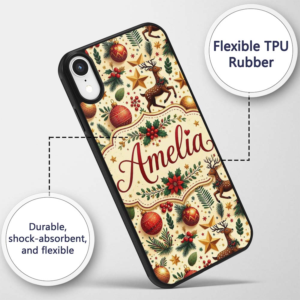 Festive Christmas Reindeer Baubles Stars and Custom Name Protective Phone Case Mobile Cover Durable Everyday Smartphone Shock Resistant
