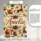 Festive Christmas Reindeer Baubles Stars and Holly Berry Elements  Personalised Custom Name Super Soft Fleece Blanket Bed Sofa Throw