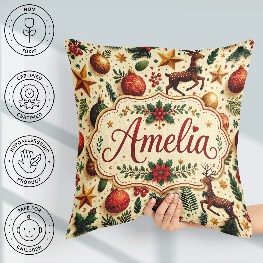 Custom Name Festive Christmas Reindeer Baubles Stars Holly Berry Square Filled Cushion Throw Pillow Sofa Bed Home Decor Zip Washable UK Made