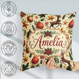Custom Name Festive Christmas Reindeer Baubles Stars Holly Berry Square Filled Cushion Throw Pillow Sofa Bed Home Decor Zip Washable UK Made
