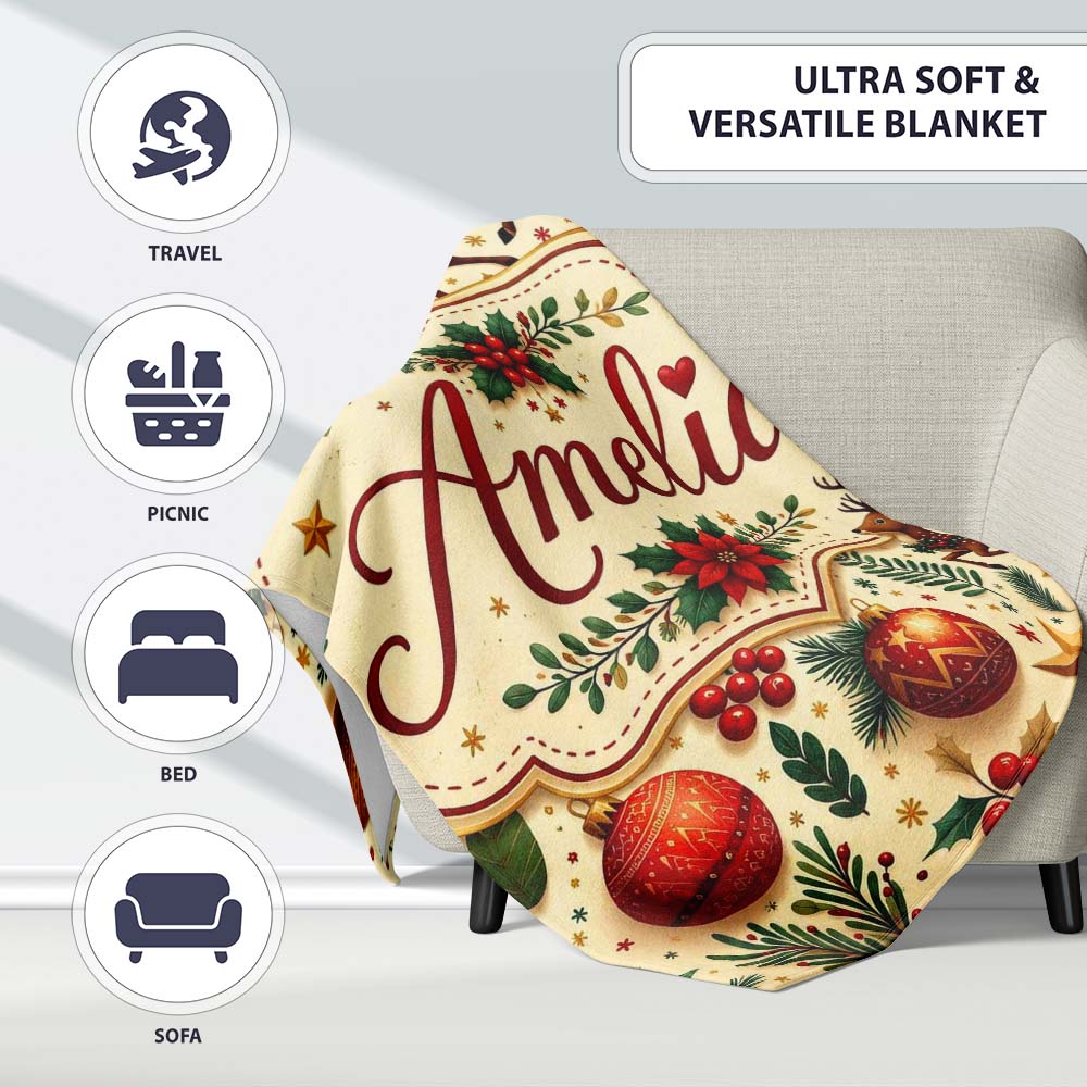 Festive Christmas Reindeer Baubles Stars and Holly Berry Elements  Personalised Custom Name Super Soft Fleece Blanket Bed Sofa Throw