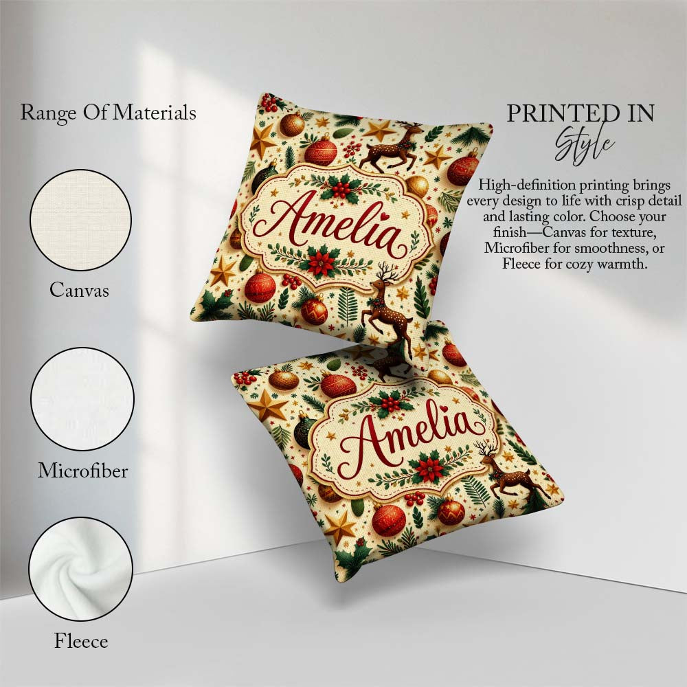 Custom Name Festive Christmas Reindeer Baubles Stars Holly Berry Square Filled Cushion Throw Pillow Sofa Bed Home Decor Zip Washable UK Made