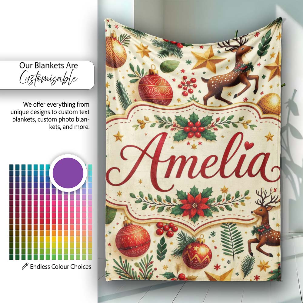Festive Christmas Reindeer Baubles Stars and Holly Berry Elements  Personalised Custom Name Super Soft Fleece Blanket Bed Sofa Throw