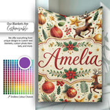 Festive Christmas Reindeer Baubles Stars and Holly Berry Elements  Personalised Custom Name Super Soft Fleece Blanket Bed Sofa Throw