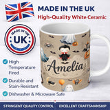 Personalized Custom Name Halloween Vampire Ghost Bat Spooky Character Taupe Seamless Pattern 11oz Ceramic Coffee Tea Mug White Large Handle