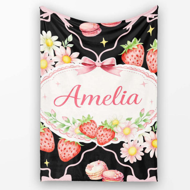 Strawberry Cherry Daisy Soft Neutral Outline Cute Coquette Floral  Personalised Custom Name Super Soft Fleece Blanket Bed Sofa Throw
