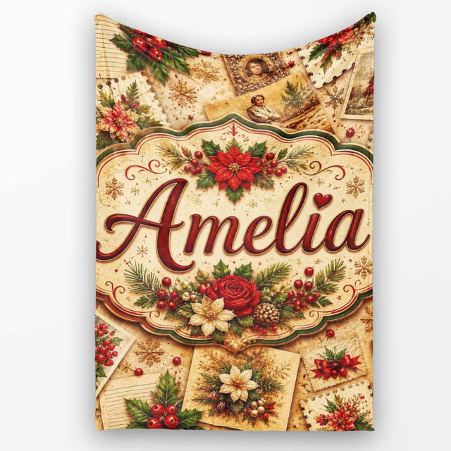 Vintage Christmas Cards Floral Arrangements and Rustic Holiday  Personalised Custom Name Super Soft Fleece Blanket Bed Sofa Throw