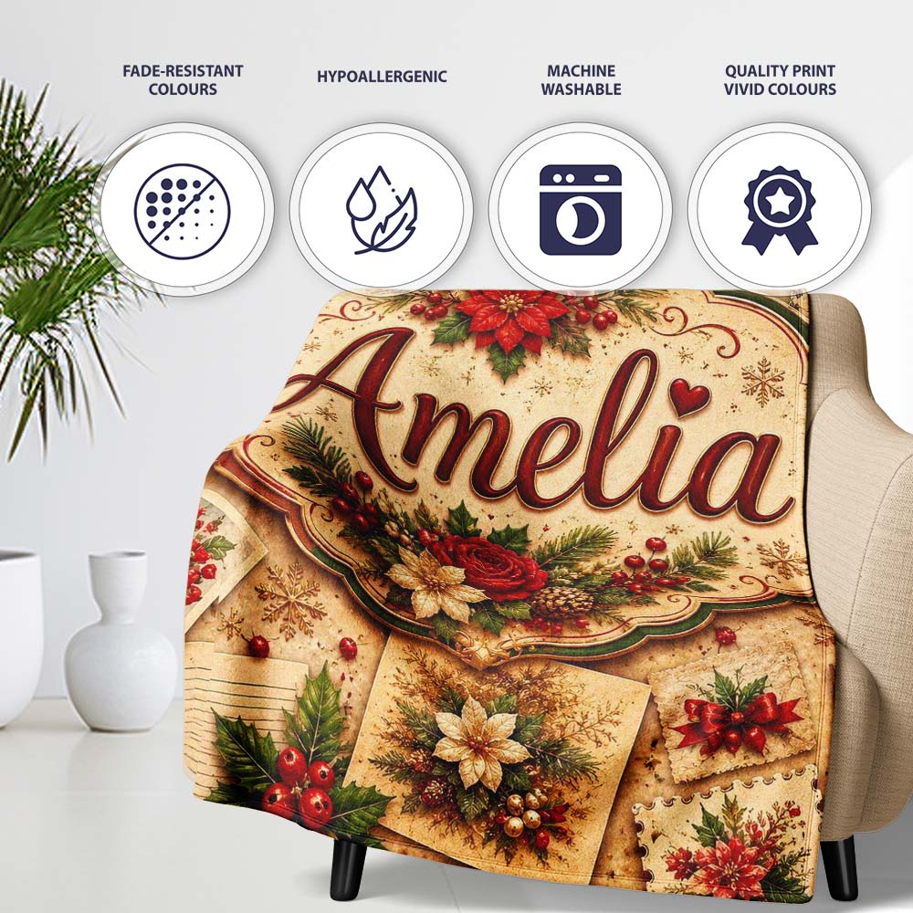 Vintage Christmas Cards Floral Arrangements and Rustic Holiday  Personalised Custom Name Super Soft Fleece Blanket Bed Sofa Throw