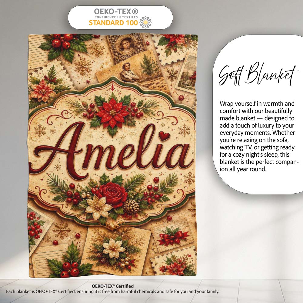 Vintage Christmas Cards Floral Arrangements and Rustic Holiday  Personalised Custom Name Super Soft Fleece Blanket Bed Sofa Throw