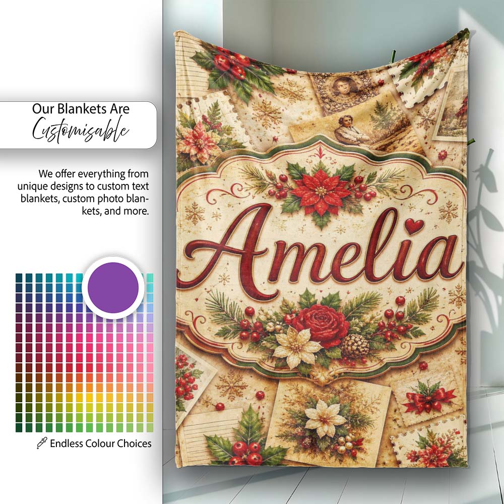 Vintage Christmas Cards Floral Arrangements and Rustic Holiday  Personalised Custom Name Super Soft Fleece Blanket Bed Sofa Throw