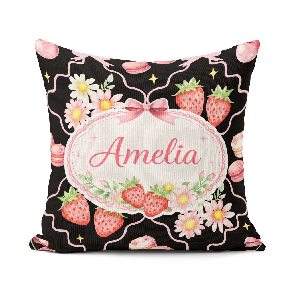 Custom Name Strawberry Cherry Daisy Soft Neutral Coquette Floral Square Filled Cushion Throw Pillow Sofa Bed Home Decor Zip Washable UK Made