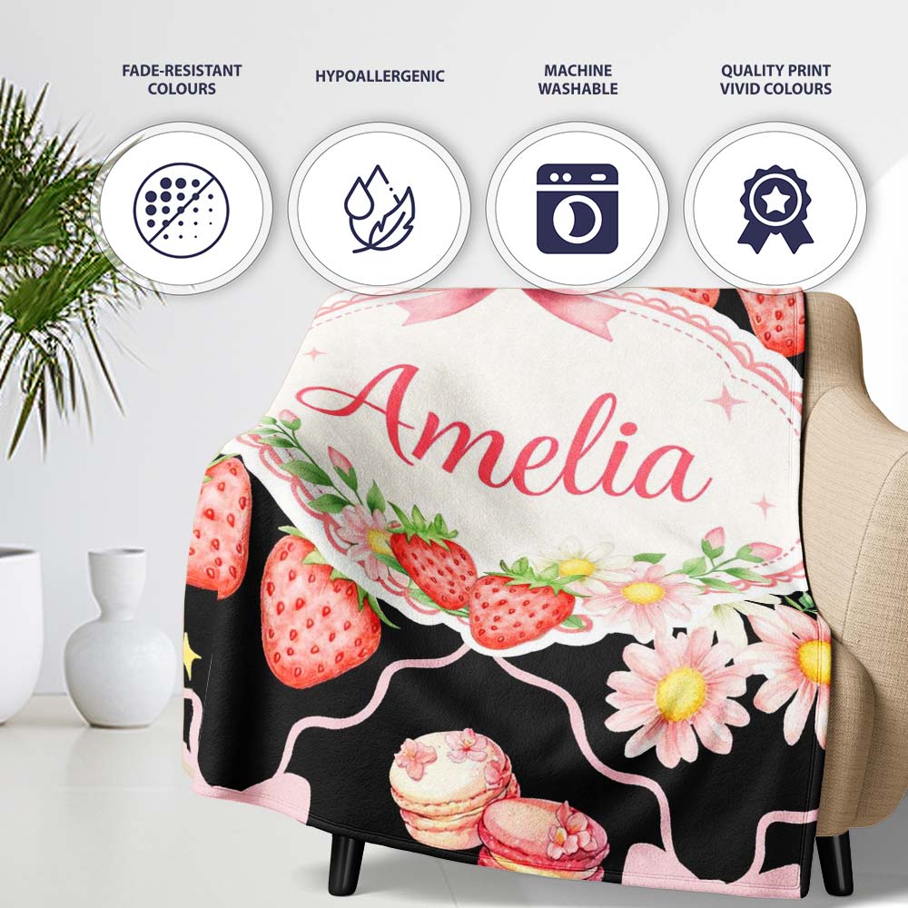 Strawberry Cherry Daisy Soft Neutral Outline Cute Coquette Floral  Personalised Custom Name Super Soft Fleece Blanket Bed Sofa Throw
