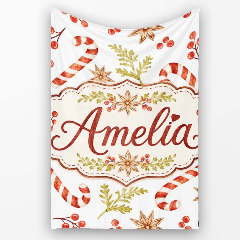 Watercolor Candy Canes Gift Box Berries and Winter Botanical Lovely  Personalised Custom Name Super Soft Fleece Blanket Bed Sofa Throw