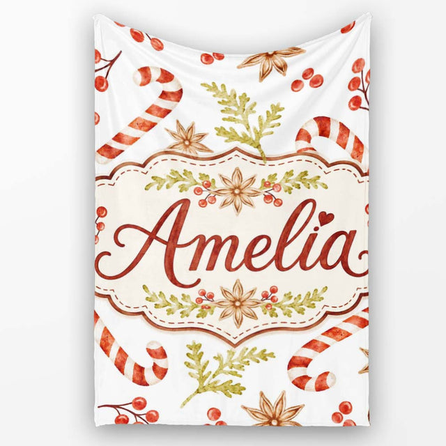 Watercolor Candy Canes Gift Box Berries and Winter Botanical Lovely  Personalised Custom Name Super Soft Fleece Blanket Bed Sofa Throw