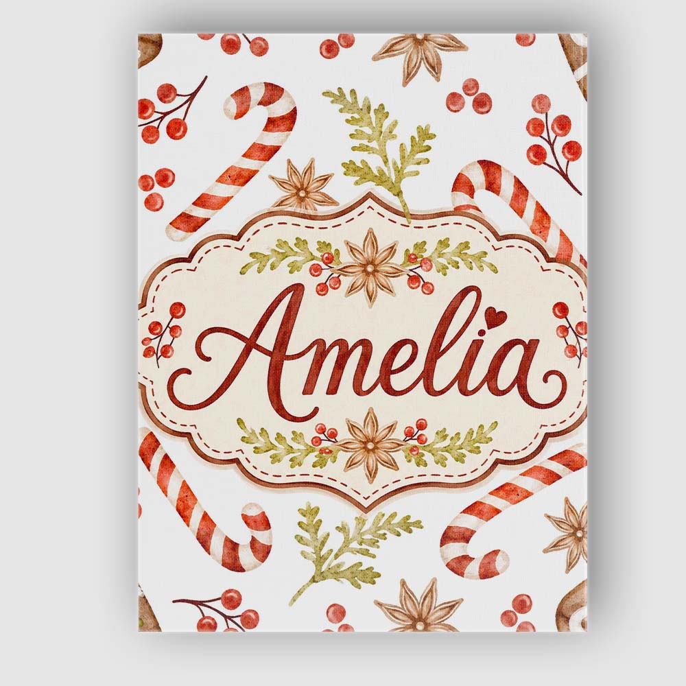 Personalised Name Watercolor Candy Canes Custom  Unique Gift Idea Elegant Feature Canvas Wall Art Print Decor Picture Ready to Hang