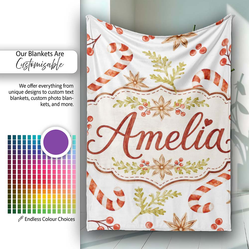 Watercolor Candy Canes Gift Box Berries and Winter Botanical Lovely  Personalised Custom Name Super Soft Fleece Blanket Bed Sofa Throw